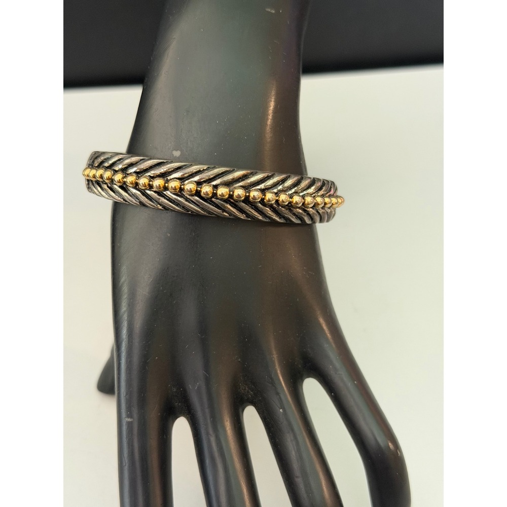 Hinged Bangle Bracelet  6.5"‎ Two-Tone Silver Gold Chevron